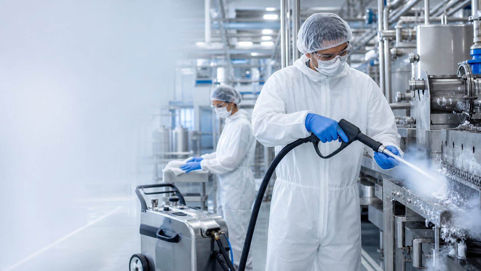 Dos técnicos de Esteritek con traje, cofia, cubrebocas y guantes sanitizando con vapor a presión una línea de producción de acero inoxidable.